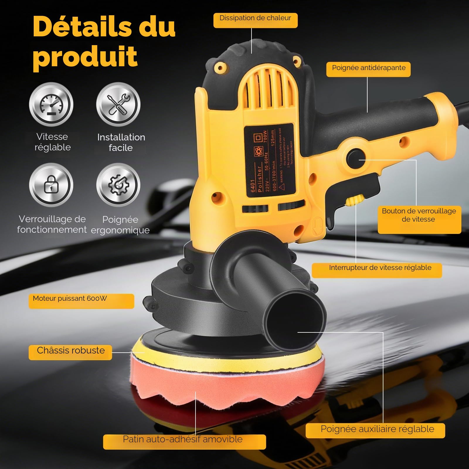 Lustreuse Polisseuse Voiture, 700W Polisseuse Voiture avec 6 Vitesses Réglable 600-3700 tr/min, Moteur Puissant, Poignée Amovible et 5 Tampons de Polissage Amovibles pour Polissage Voiture