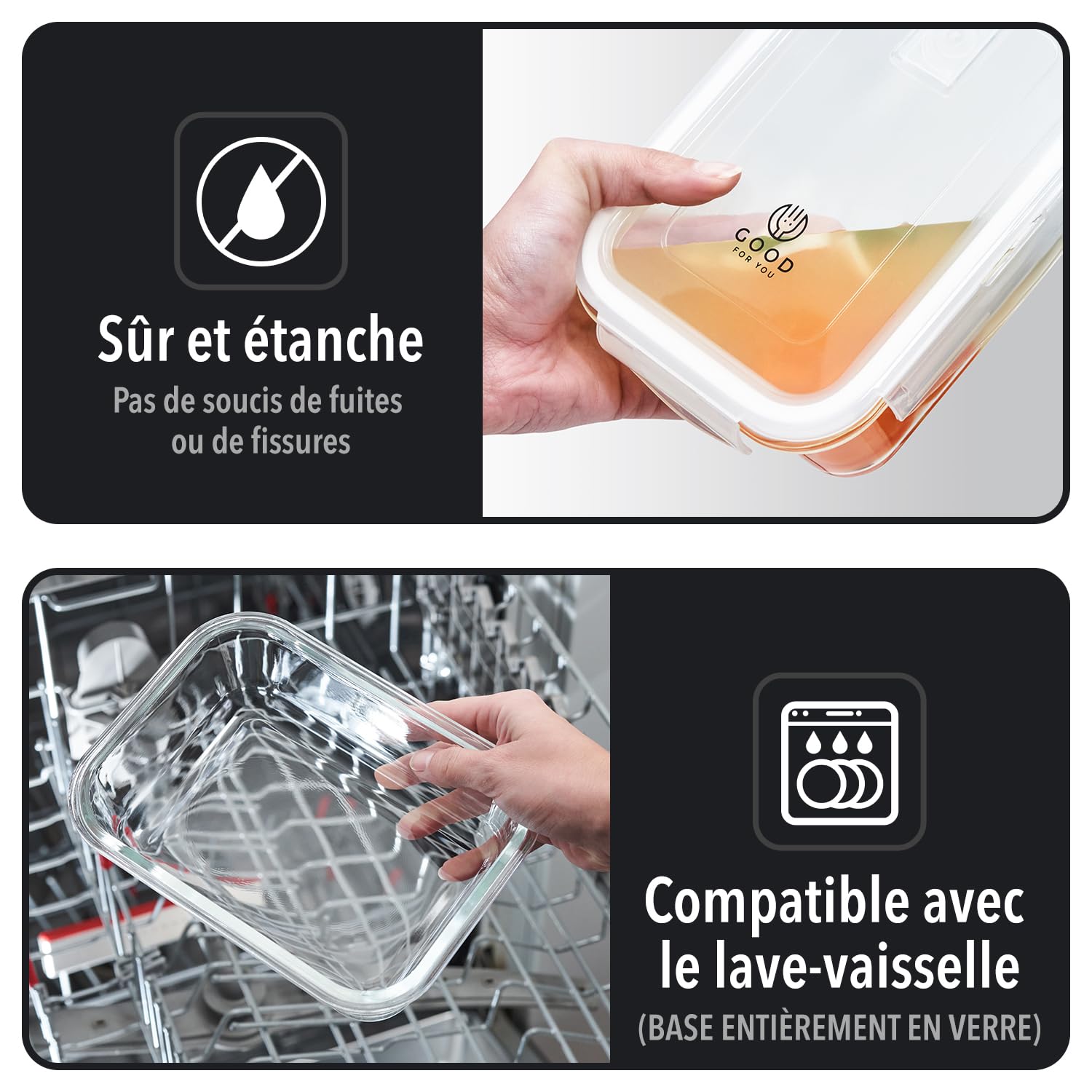 GOOD FOR YOU - Boîtes-repas en verre [lot de 5] - récipients avec fermeture à clic - conteneurs de nourriture étanches - boîtes de repas pour contrôler les portions de nourriture