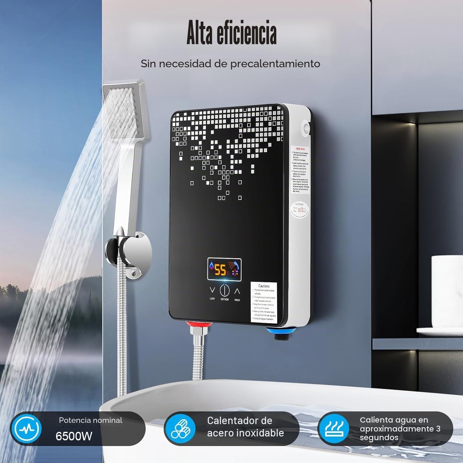 Calentador de agua eléctrico mini 6500 W 220 V, con pantalla LED y protección IPX24, agua caliente instantánea para ducha, cocina, lavabo, compacto, montaje en pared, incluye cabezal de ducha