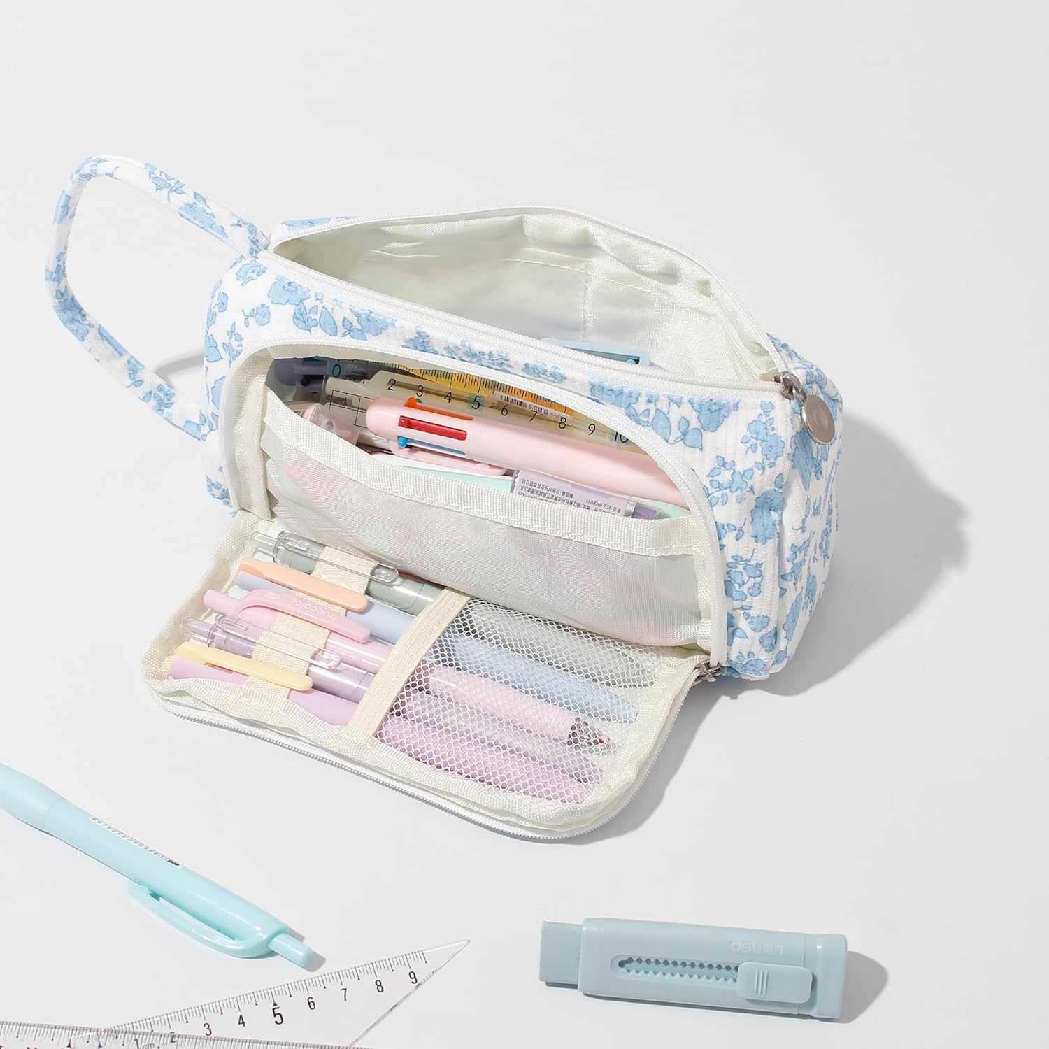 Large Pencil Case Pouch School Supplies Aesthetic Stationery Pen Bag for Girls Kids (D Navy blue flower) - Image 3