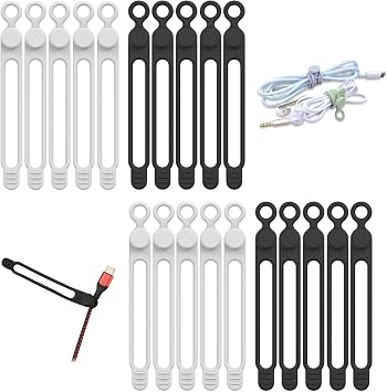 UMUST 20 Pcs Silicone Cable Ties Reusable Cable Management Organizer Wire Ties Travel Cord Ties Cord Organizer for Home Office Kitchen School White Black