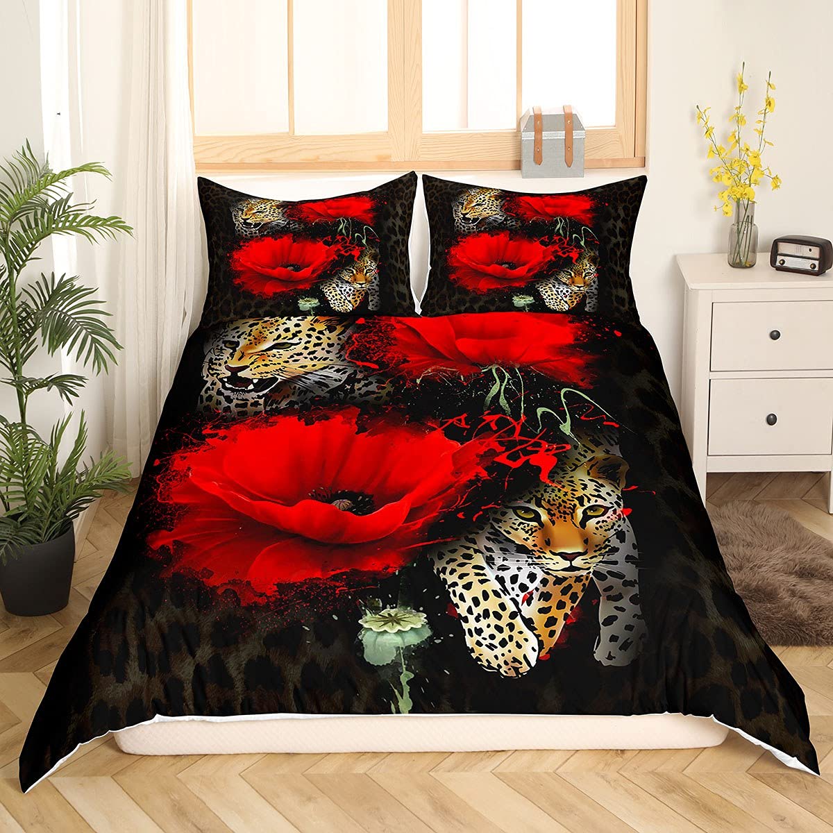 Homewish Boys Multi 14 Leopard Duvet Cover Set Double Size 3D Animal Print Bedding Set Wildlife Comforter Cover Gorgeous Red Poppy Floral Bedspread Cover With 2 Pillow Shams Microfiber Bedspreads Cover Breathable