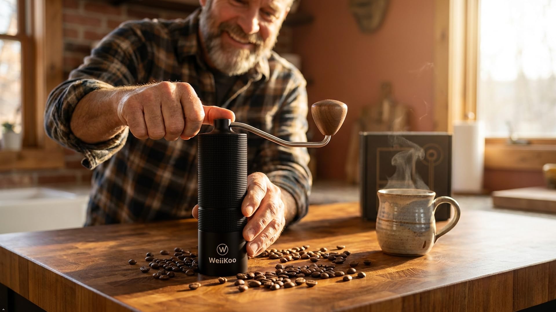 Molinillo Cafe Manual 25 g, Muelas Cónicas Hexagonales de Acero Inoxidable, Molienda Ajustable para Espresso, Moka y Prensa Francesa, Aluminio Anodizado y Nogal