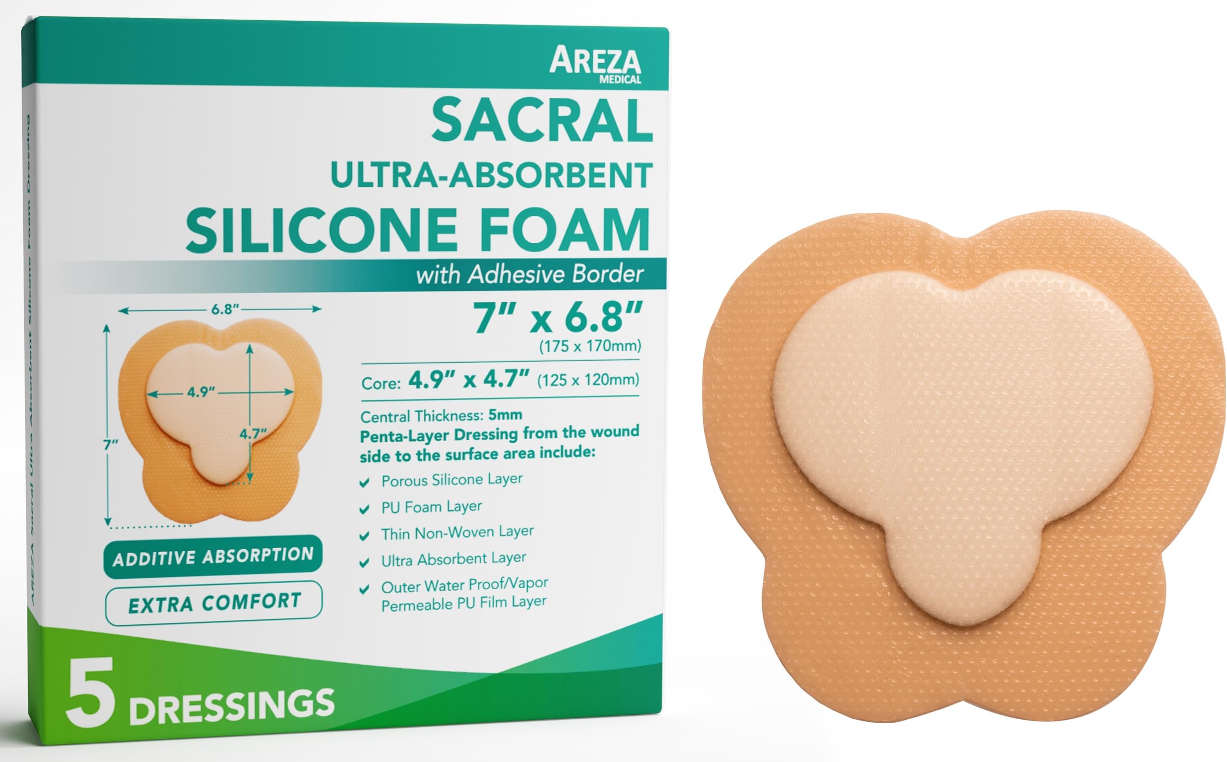 Sacral Silicone Ultra-Absorbent Foam Dressing 7 X 6.8 Box of 5; Wound Dressing By