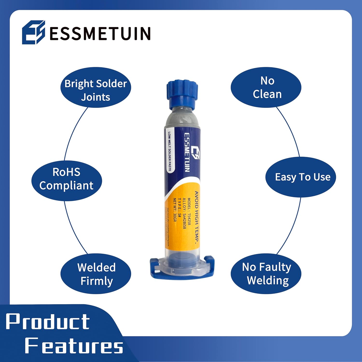 Sn42/Bi58 Lead Free Solder Paste (30g) & No Clean Soldering Flux(10cc) & Soler Wick for Electronic Soldering, SMD/SMT Remove