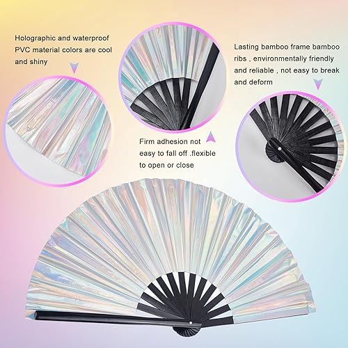 Miniatura 3 de 2 abanicos de mano plegables holográficos, grandes abanicos iridiscentes con varillas de bambú para hombres y mujeres, ventilador decorativo de mano