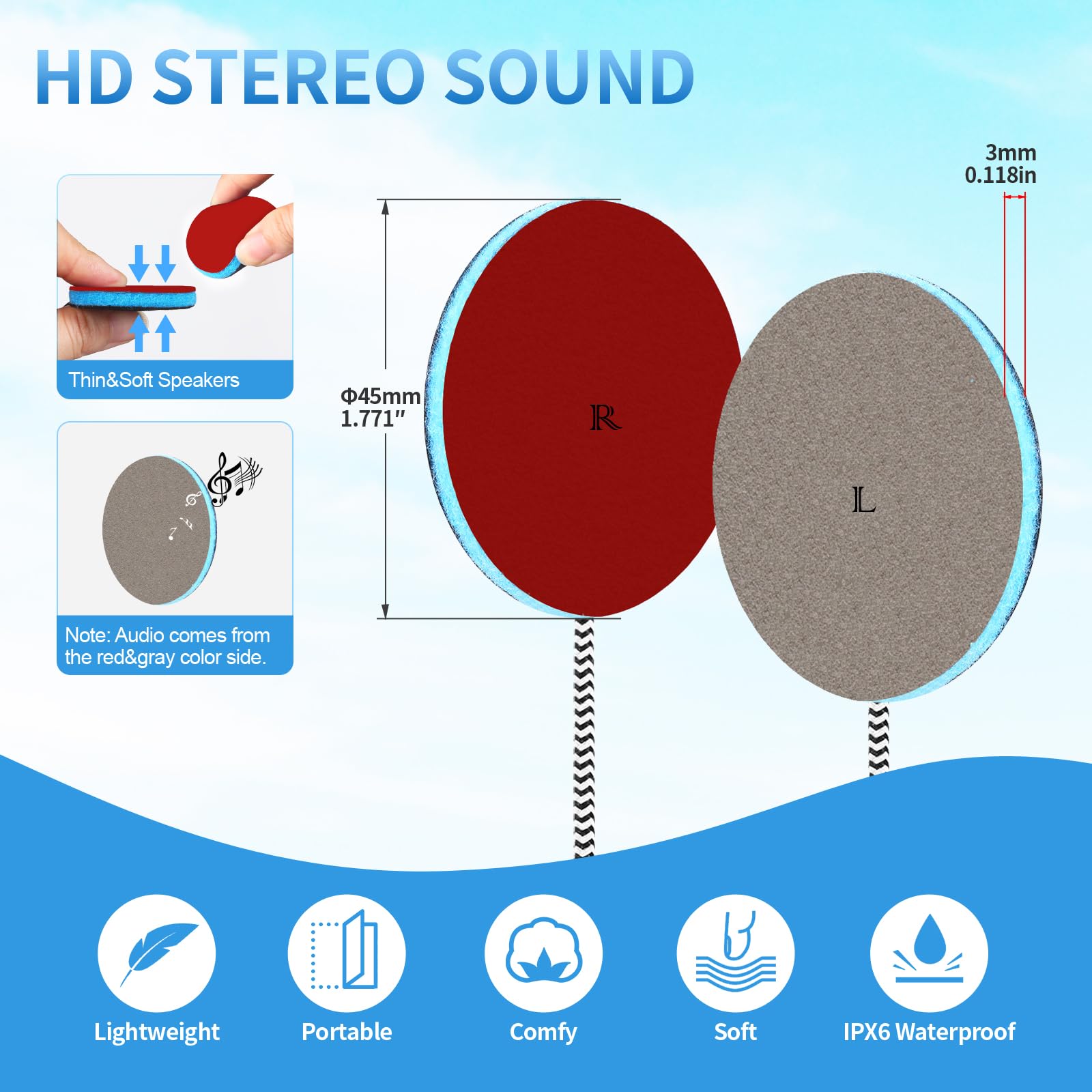 MMUSS Wired Ultra Thin 4mm Pillow Speakers Stereo,Sleeping Music Headphones for Side Sleepers(3.5mm Jack)