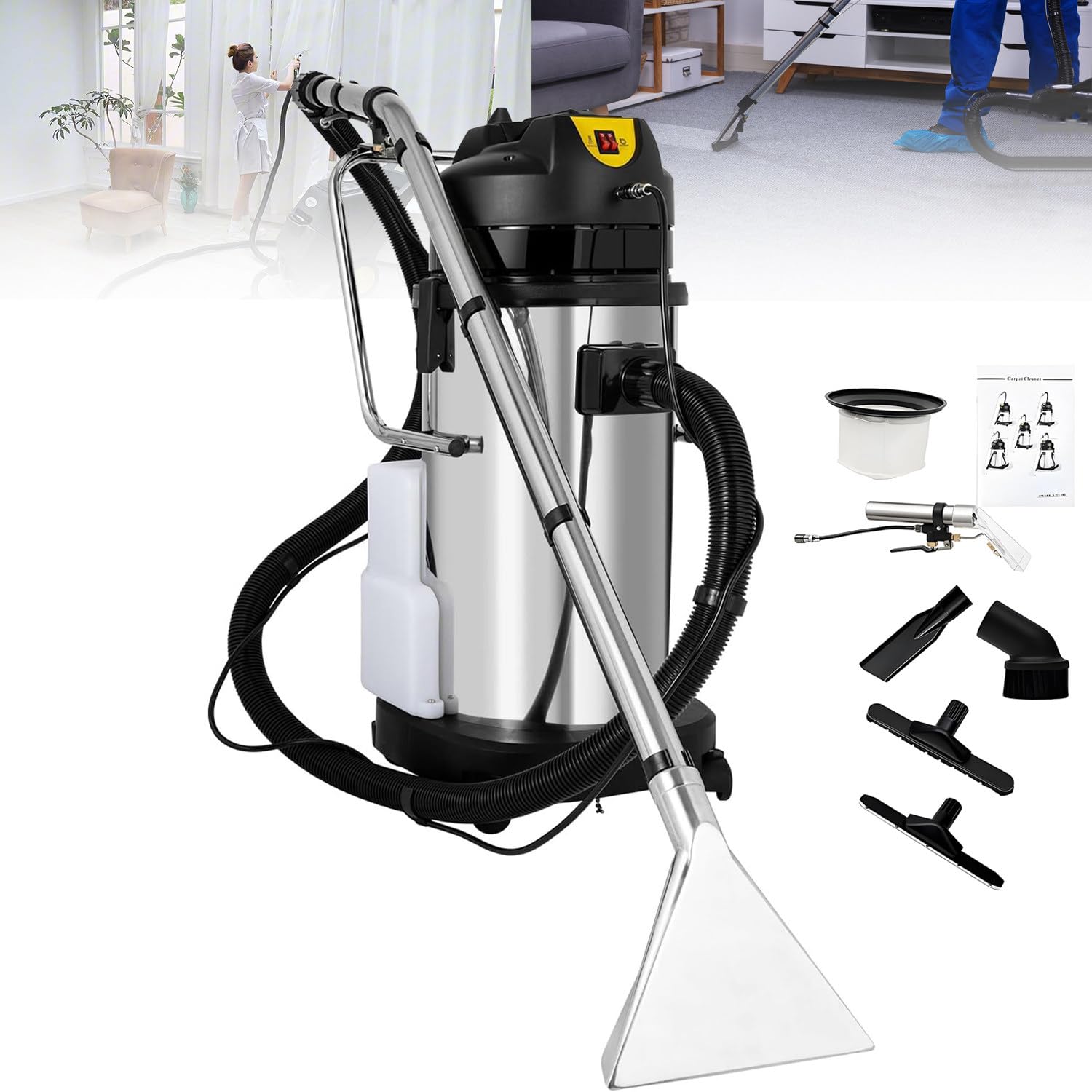 Professal 30L Estrattore di tappeti Commerciali a Vuoto, Portatile in Macchina di rimozione per Pavimenti Tappezzeria, Potente Shampoo a sutto con 6 Utensili, insalde Acciaio Industriale Cleaner