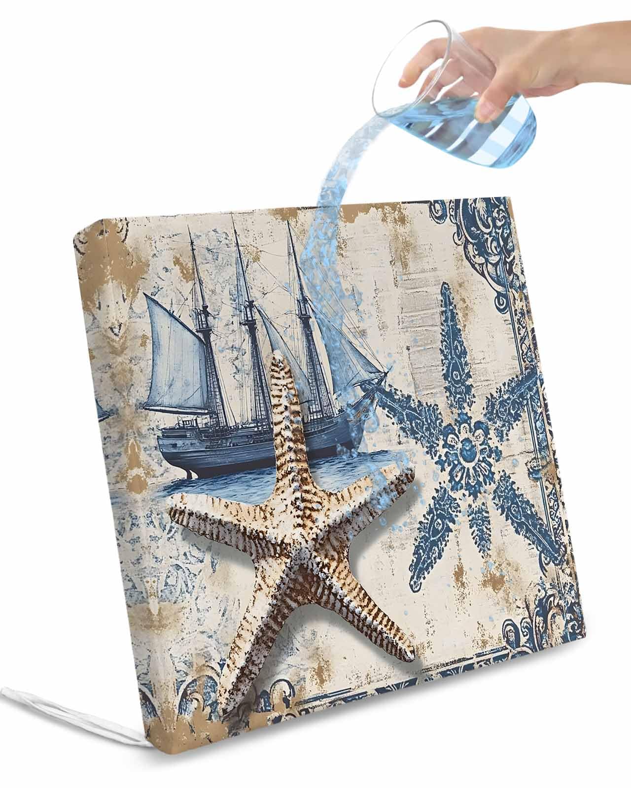 2 Pack Vintage Nautical Waterproof Cushion Covers with Ties, Outdoor Patio Chaise Lounge Chair Seat Cushion Slip Covers Replacement(Only Cover) Summer Coastal Floral Starfish 22