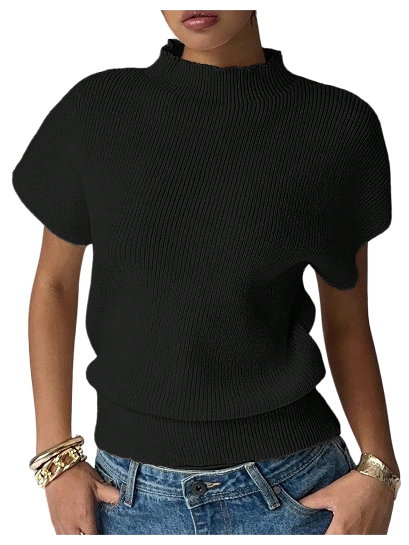 Milumia Womens Short Cap Sleeve Sweater Pullover Tank Top Dressy Casual Mock Neck Sweater Knit Crop Top