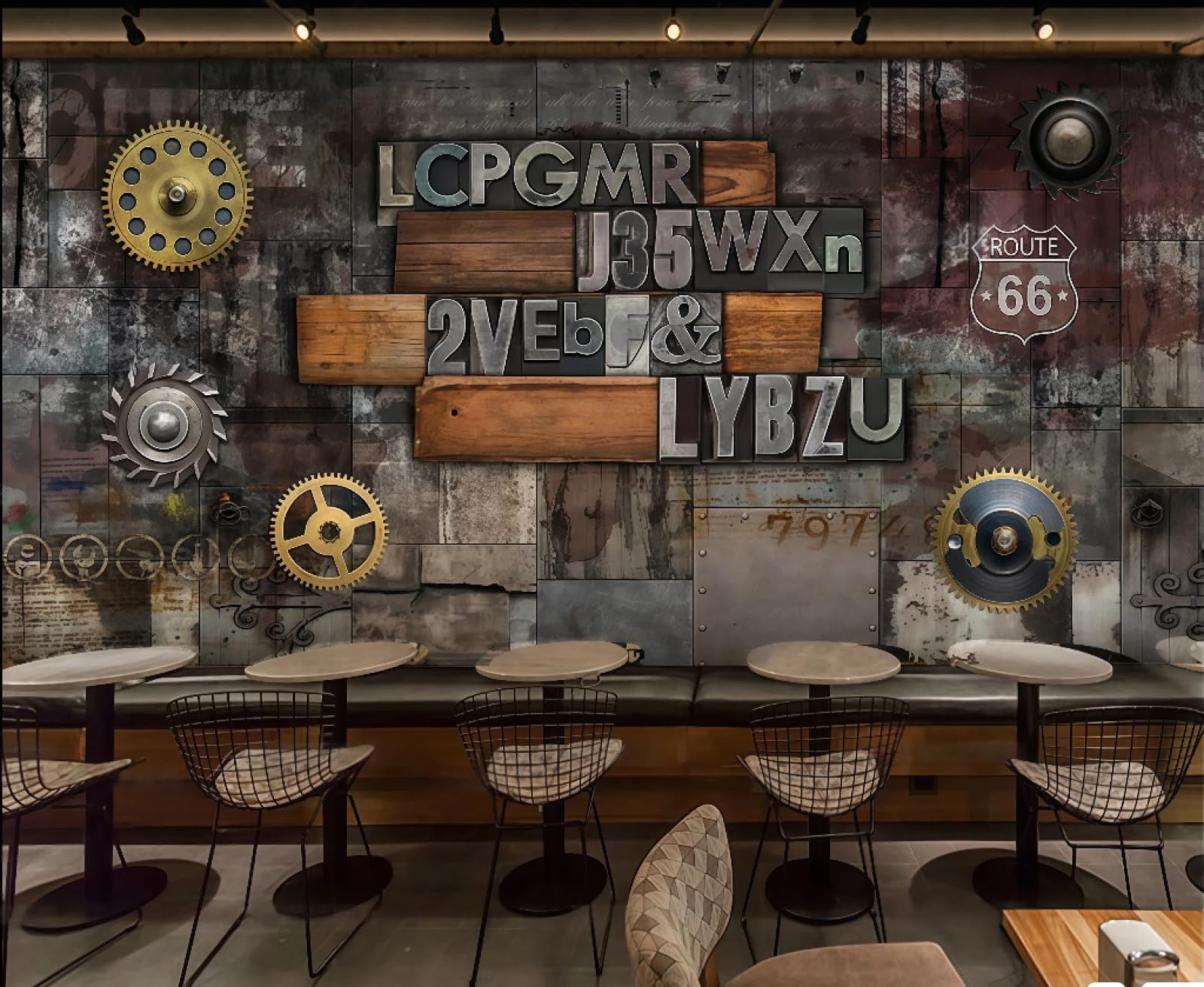 Tapeta retro żelazo mechaniczna przekładnia trójwymiarowa litera motyw bar zachodnia restauracja tło ścienne popołudniowa herbata kawa tapeta, 3D, 350x245cm