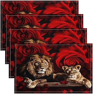 Feelyou Lion Placemats Set of 4 Red Rose Floral Placemat for Kitchen Dining Table 18"x12" 3D Wild Animal Pattern Table Pla...