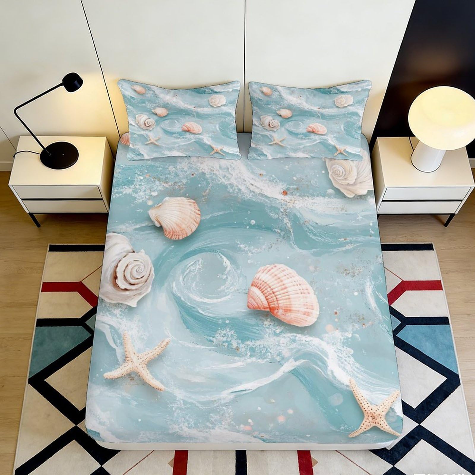 3D Printed Ocean Shell Fitted Sheet Microfiber Starfish Bed Cover Non-slip Machine Washable Home Decor 90x200x25cm