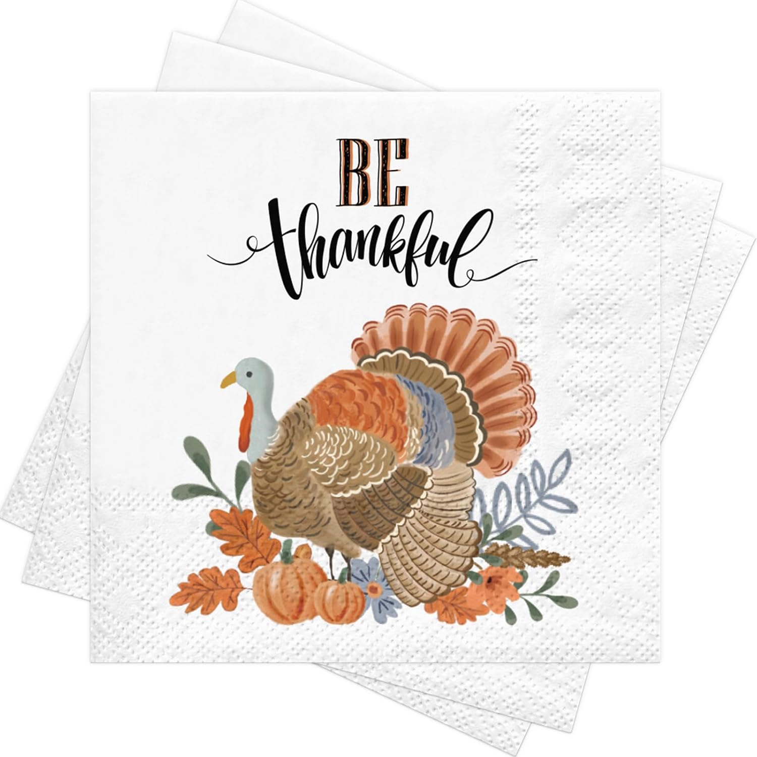 RUSPEPA 50 Pcs Fall Pumpkin Napkin Paper, 3 Ply Watercolor Pumpkin, Sunflower & Autumn Leaves Disposable Cocktail Napkins for Thanksgiving Dinner, Fall Party, Harvest Table Decor, Birthday, 5 x 5 Inch