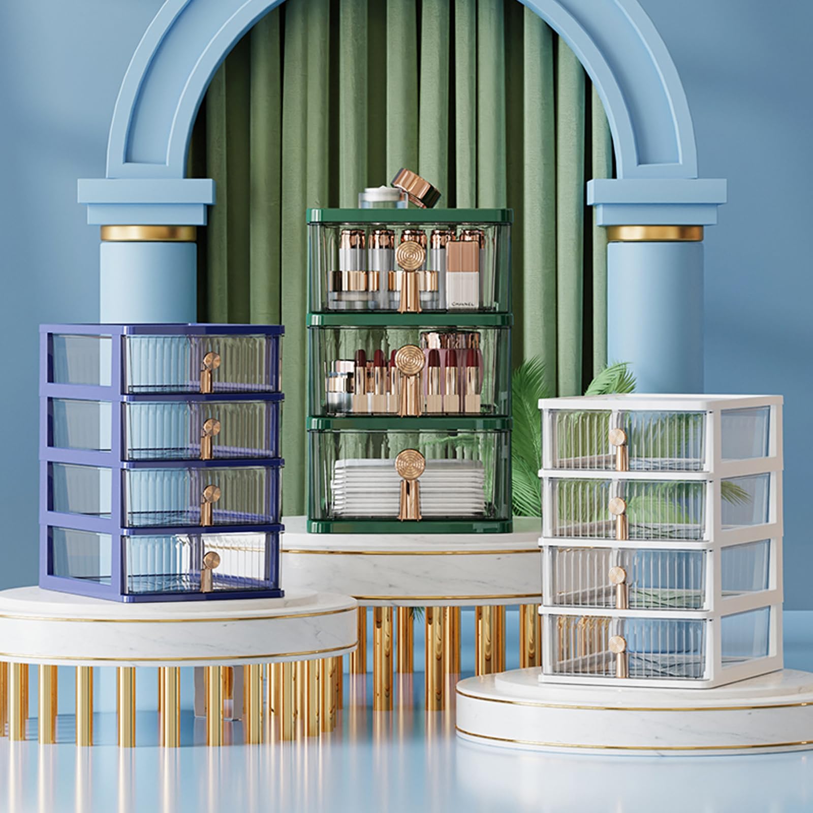Cassettiera da scrivania con 4 cassetti in plastica trasparente, ideale per artigianato, forniture e accessori per ufficio, cassettiera compatta (13,5 x 17,5 x 22,5 cm), blu