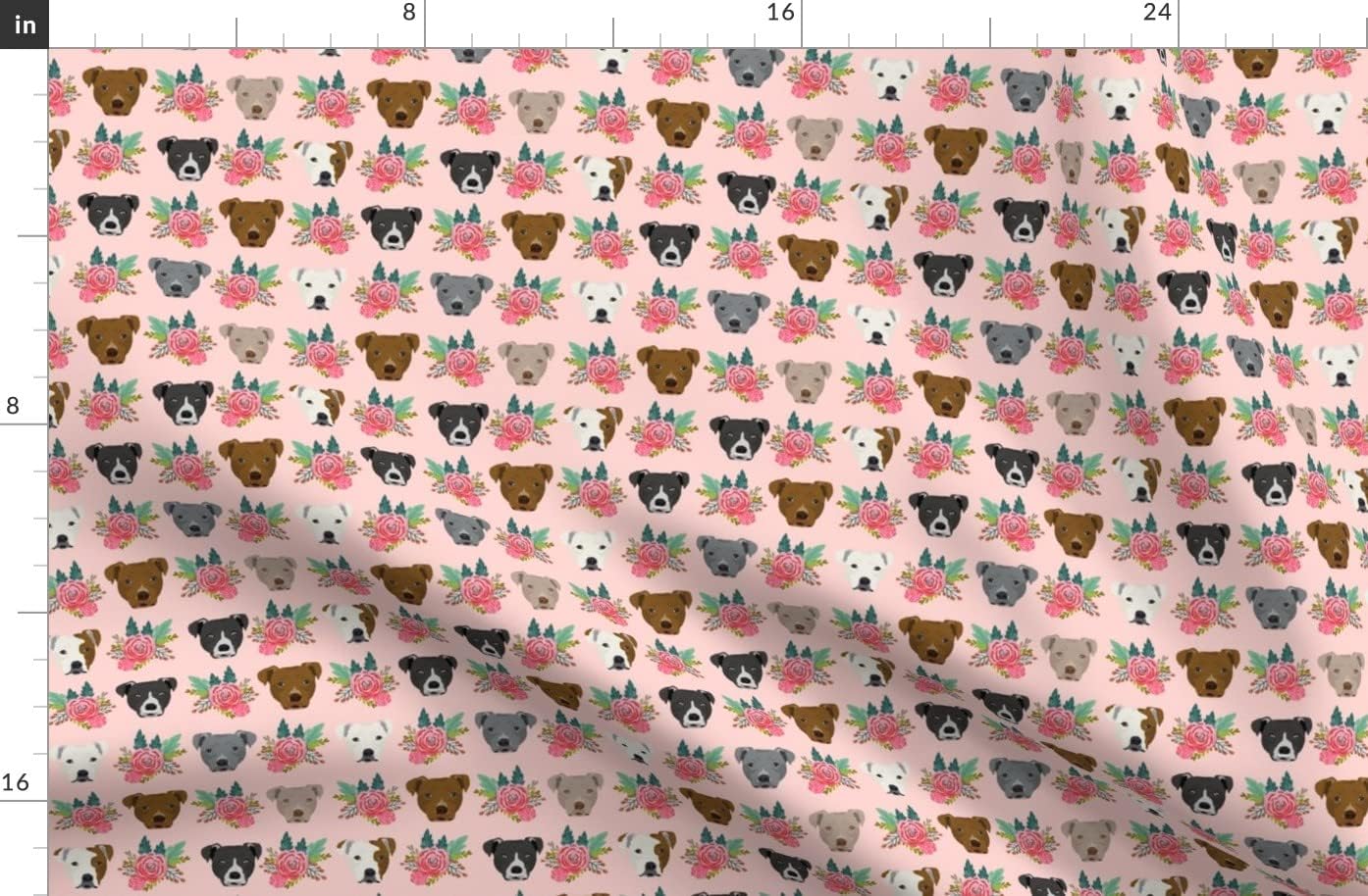 Spoonflower Fabric - Pitbull Floral Head Pitbulls Dogs Pitty Florals Pet Portrait Printed on Organic Cotton Sateen Fabric by The Yard - Sewing Quilting Apparel Home Decor