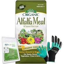 Espoma Organic Alfalfa Meal Fertilizer 2-0-2. All-Natural Plant Food Source of Nitrogen and Potassium 3 lb with My Garden Pool PH Soil Test Strips 20 ct, and Gardening Claw Gloves