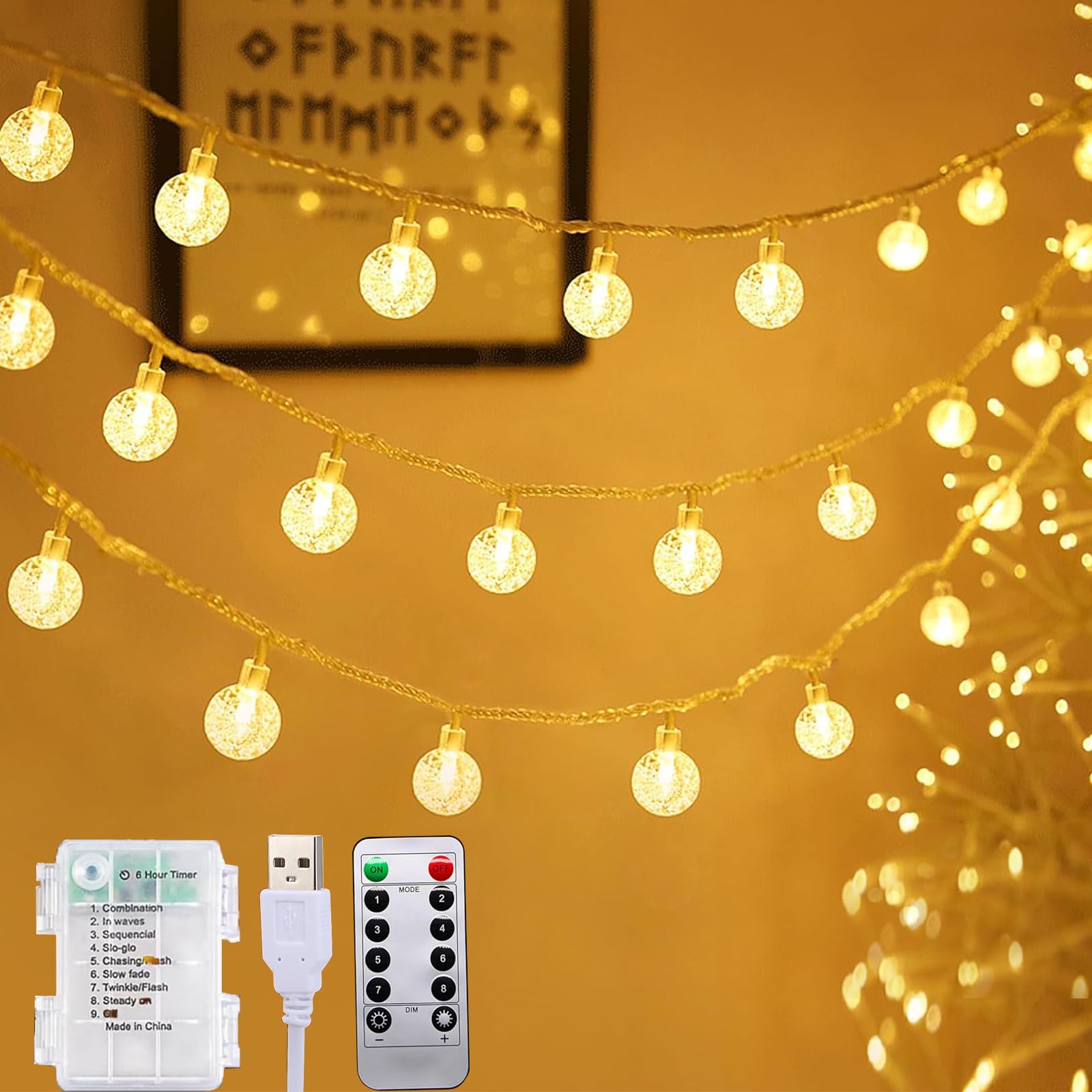 Lichterkette Außen Batterie/USB Stromversorgung 15M 100LEDs Lichterketten Kugeln Außen/Innen mit Fernbedienung 8 Modus Wasserdicht Weihnachts Beleuchtung für Hochzeit Weihnachten Balkon (Globe-49FT)