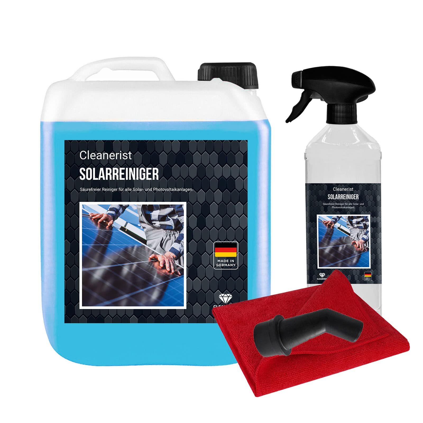 5 litri di detergente fotovoltaico AP24, concentrato fino a 1:25, diluibile con flacone spray + panno in microfibra + rubinetto, pannelli solari