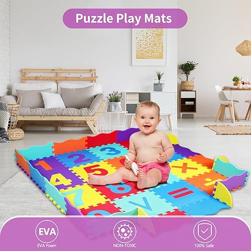 Miniatura 2 de Tapete de juego de espuma, 36 azulejos de espuma entrelazados con valla, grosor de 0.4 pulgadas, 56 x 56 pulgadas, tapete de juego de rompecabezas