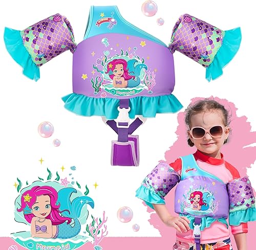 Chaleco de natación para niñas de 22 a 55 libras, flotadores ajustables de sirena con arnés de hombro con alas de brazo, flotador de natación para