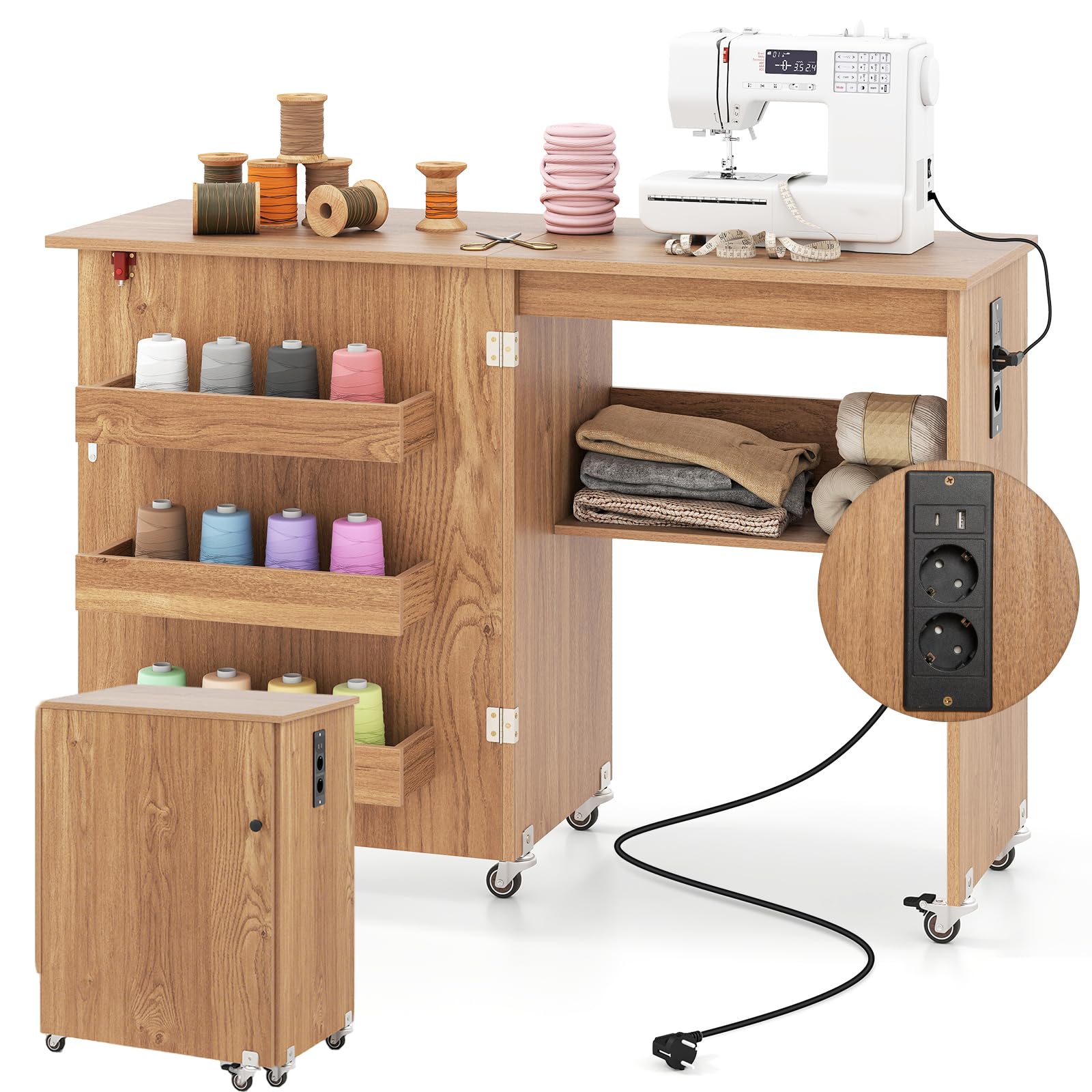 RELAX4LIFE Mesa de Costura Plegable con 3 Compartimentos, Estante, Estación de Carga Integrada, Mesa para Máquina de Coser con Ruedas, 116x40,5x78cm (Natural-con Enchufe)