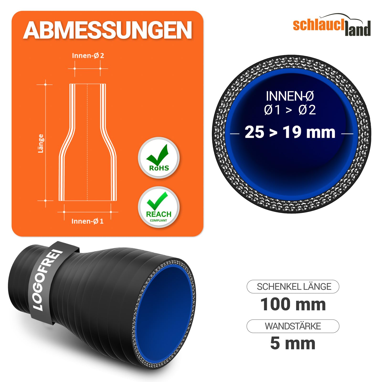 REDUZIER-STÜCK Silikon ID-Ø 25-19mm schwarz 200°C | VIELE FARBEN + GRÖSSEN | Silikonschlauch Reduzierer Reduzierung Reduzierstück Ladeluft Schlauch Kühlmittel Adapter flexibel Rohr ohne Aufdruck