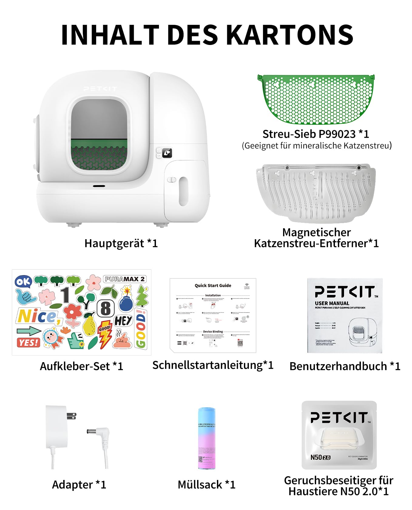 PETKIT Pura Max 2 Selbstreinigende Katzentoilette, 76L Katzenklo Selbstreinigend,xSecure,Geruchsbeseitigung,App-Steuerung,Große Fassungsvermögen,für Mehrere Katzen（Deo und Sandkissen Frei, mit N50）