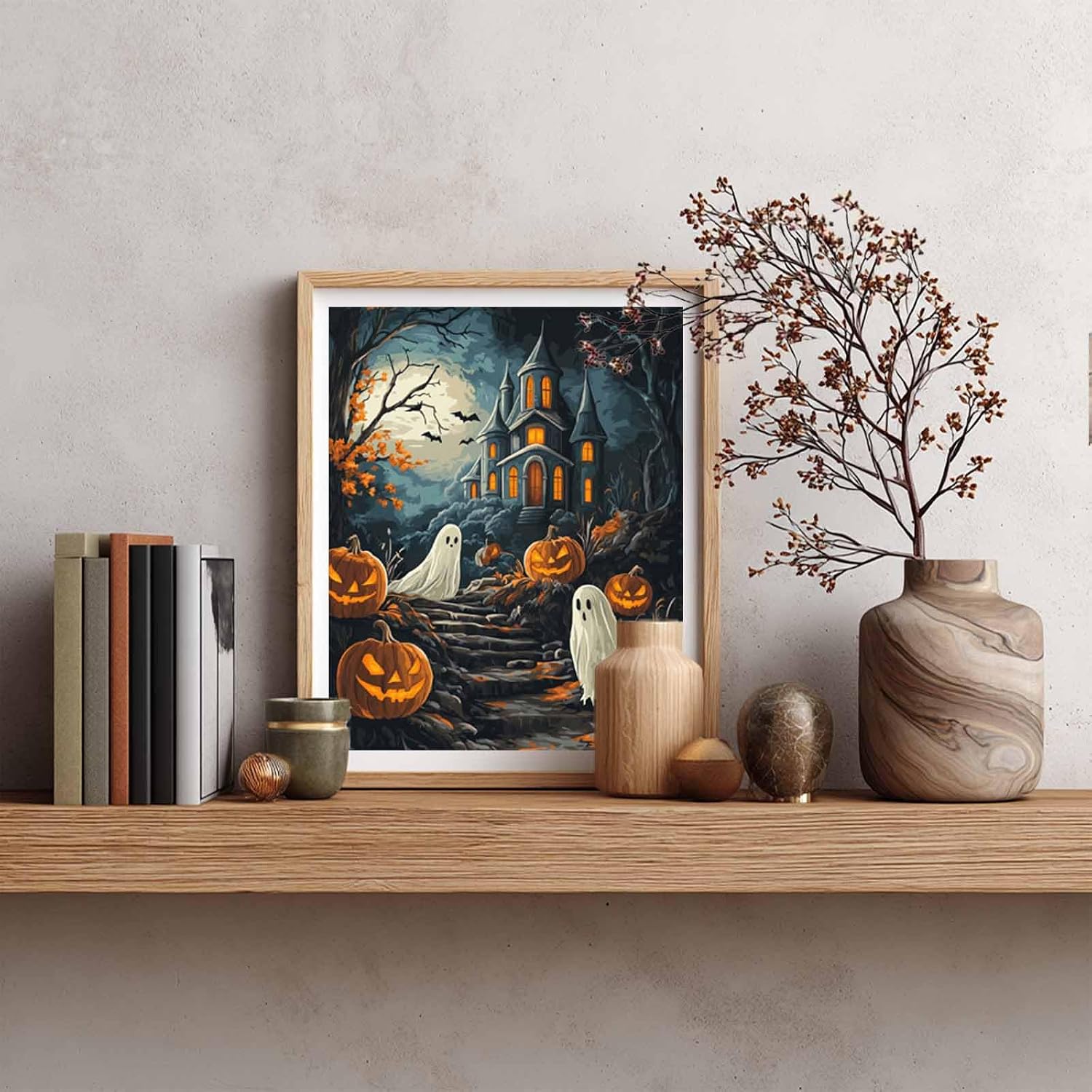 Cawpom Halloween Painting Kit for Adults, Ghost Paint by Number, Paint by Numbers Castle, Ghosts Pumpkin Acrylic Oil Painting for Beginner Gift, Horror Home Decor(16x20inch, No Frame)