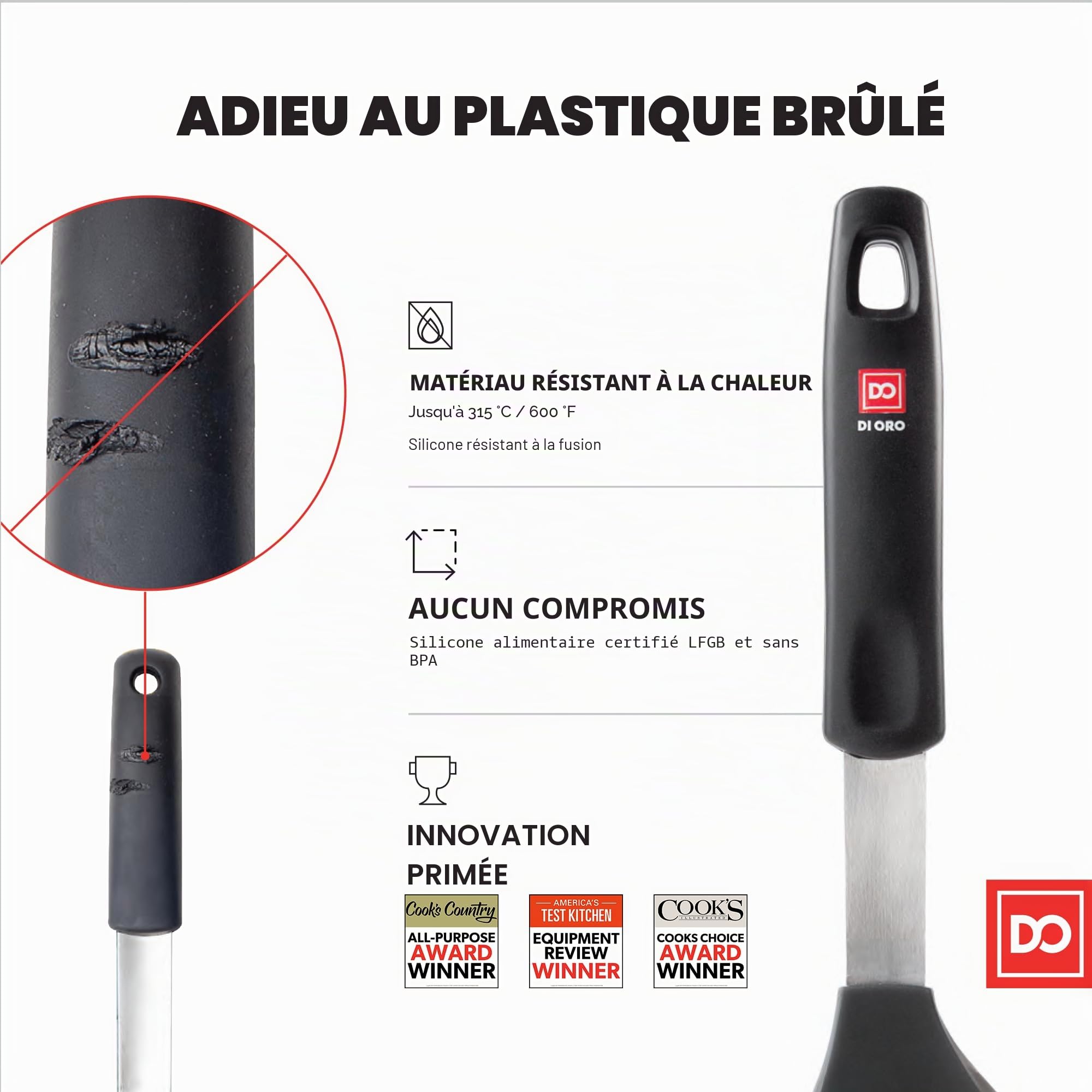 DI ORO® - Spatule de cuisine en silicone et acier inoxydable - Résistante à la chaleur à 315 °C - Meilleure spatule ajourée - Parfaite pour des oeufs et des crêpes