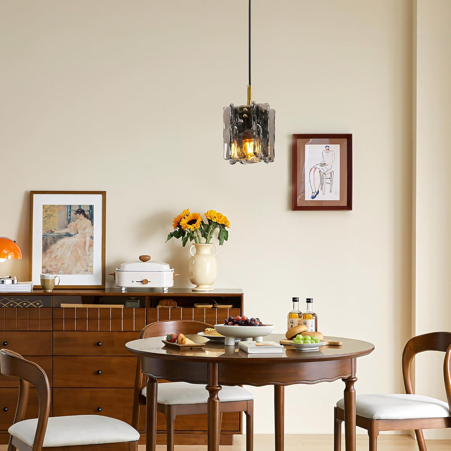 Black and Gold Dining Room Mini Chandelier Light Fixture 1-Light 4.7" W Modern Smoked Glass Mini Geometric Chandeliers Black Industrial Kitchen Island Pendant Lights for Dining Table