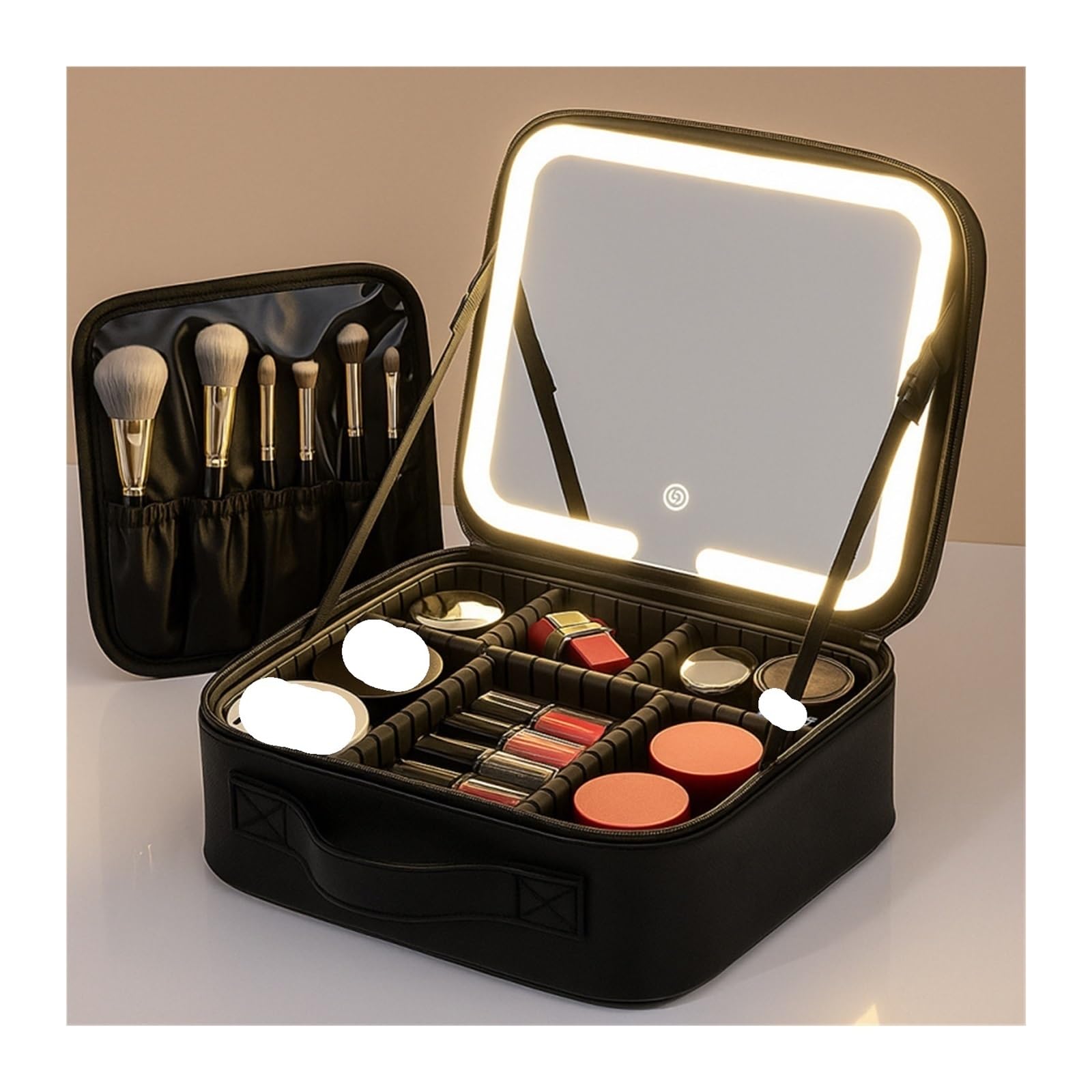Kosmetiktasche Reise-Make-up-Tasche mit Spiegel for Frauen, tragbares Make-up-Pinsel-Etui mit großem Fassungsvermögen, tragbare, unterteilte Kosmetiktasche