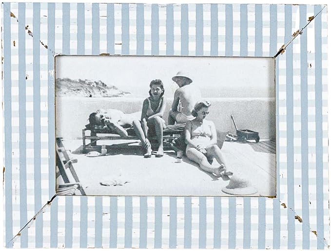 Foreside Home and Garden 4x6 Blue Aggie Gingham Plaid Pattern Wood Photo Picture Frame w/Glass Pane Summer Spring Family & Friends Home Living Room End Table Fireplace Mantle Table Tabletop Display