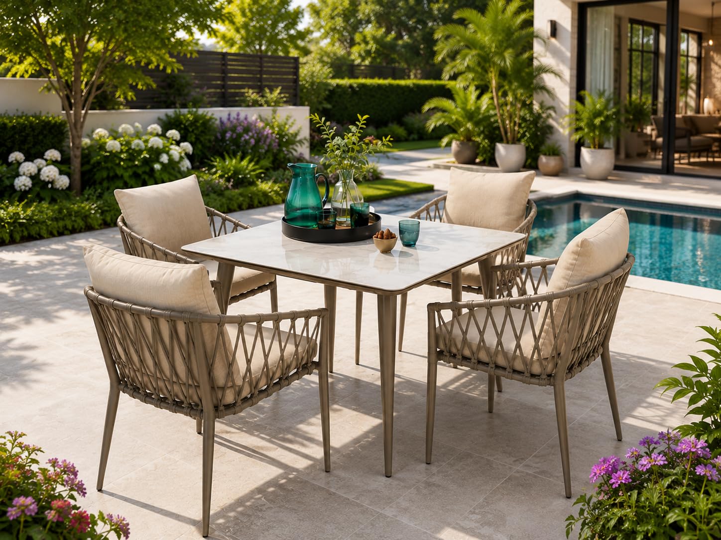 5-Piece Outdoor Dining Set with Table, Beige | Handwoven PE Rope Chairs, Plush Cushions Included, Weather Resistant, Patio, Garden, Poolside, Adjustable Foot Pads-image-24