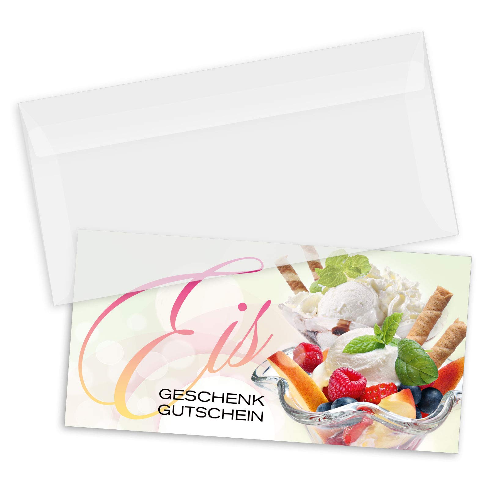 Gutschein-Set. 100x Gutschein + Kuvert. Für Eissalons Eiscafés, blanko zum selber Ausfüllen.