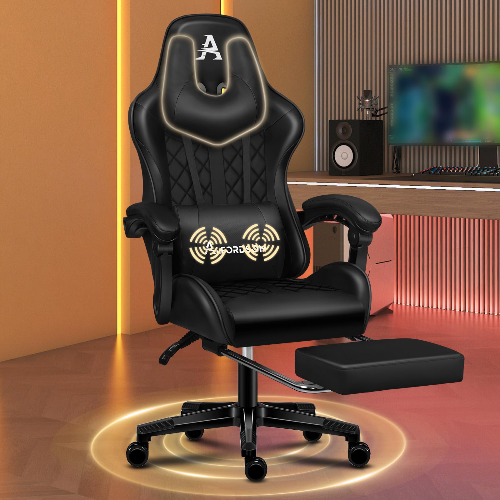 ALFORDSON Sedia Gaming Ergonomica Reclinabile con Cuscino Lombare e Cervicale,Sedia Gamer con Massaggio e Poggiapiedi Retrattile,Altezza Regolabile,Poltrona Ufficio Reclinabile 150°, Similpelle(Nera)