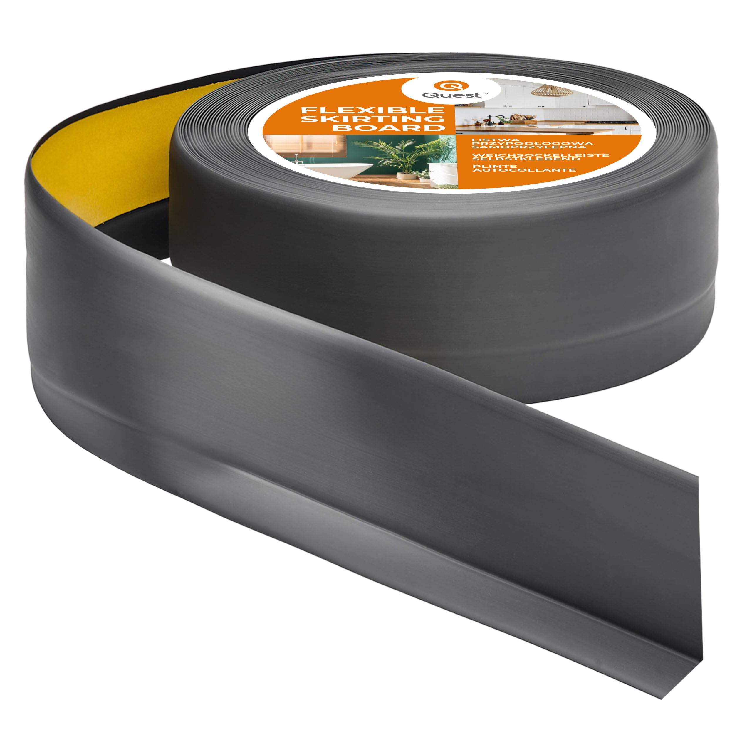 Quest Battiscopa Morbido Adesivo - 50 mm x 20 mm - Listello in PVC, Finitura Flessibile, Profilo Angolare per Cucina, Bagno, Parete, Pavimento - Decorativo (Grigio scuro, 15m)