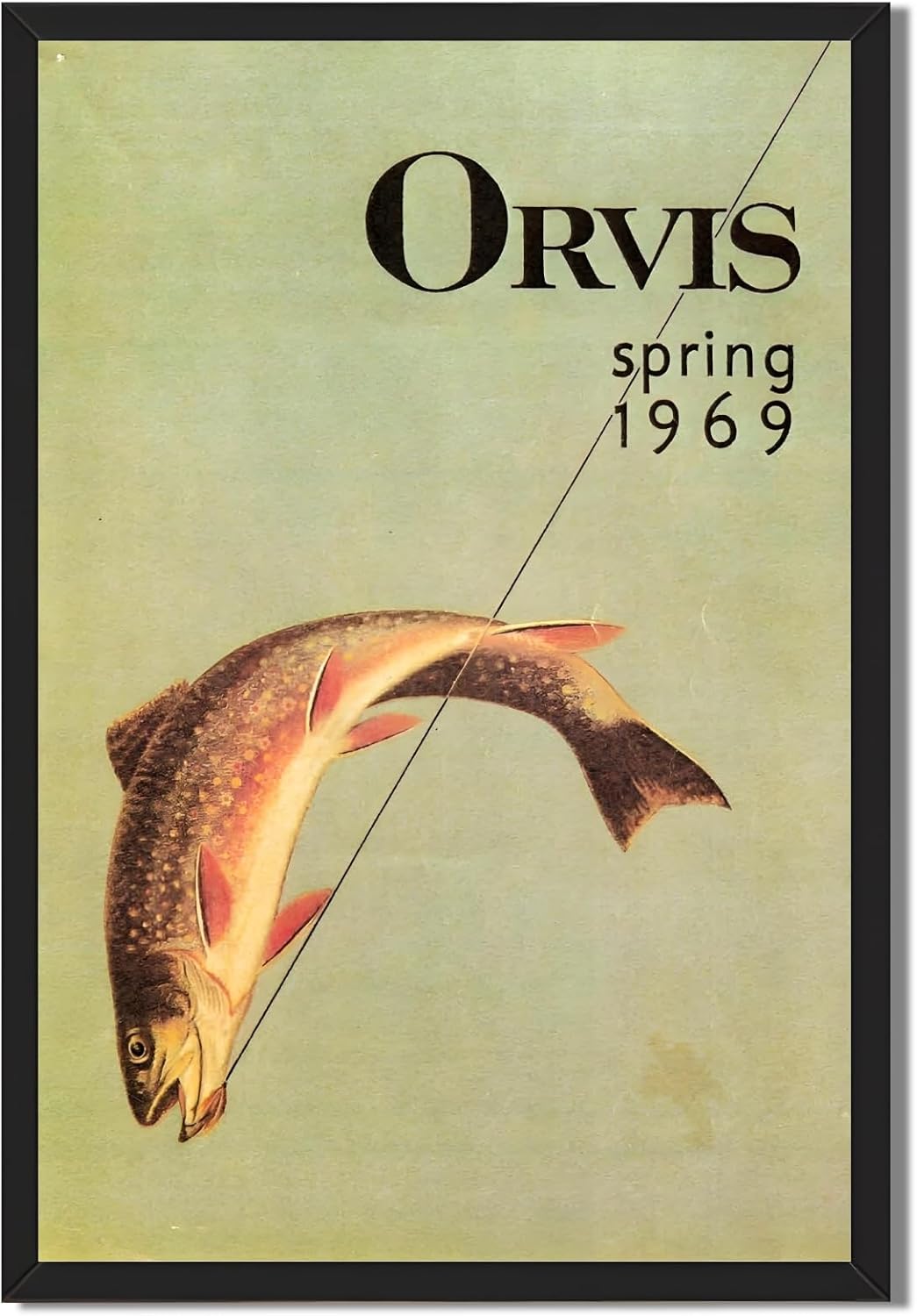 Trout Fly Fishing Wall Art Canvas Print Black Framed Vintage Poster Retro Angler Painting Artwork Rustic Outdoor Sports Picture Decor for Cabin Living Room Office Home Fisherman Gift For Dad 12x16inch