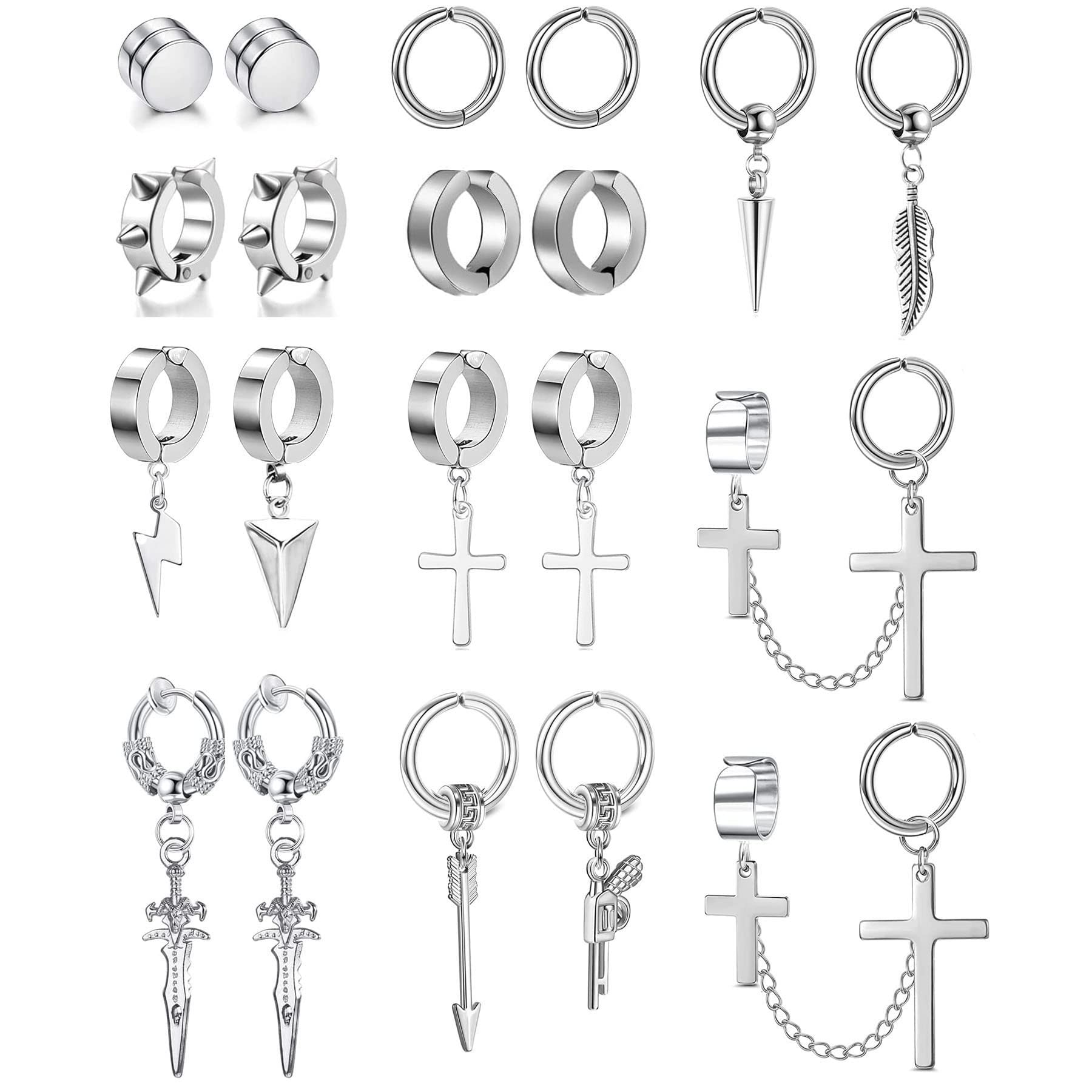 BVLAGIDA 20 Piezas Pendientes Hombre Pendientes Magnéticos de Acero Inoxidable Pendientes Clip Cruz Plumas Kpop Pendientes Negro Falsos Pendientes Para Hombres Mujeres