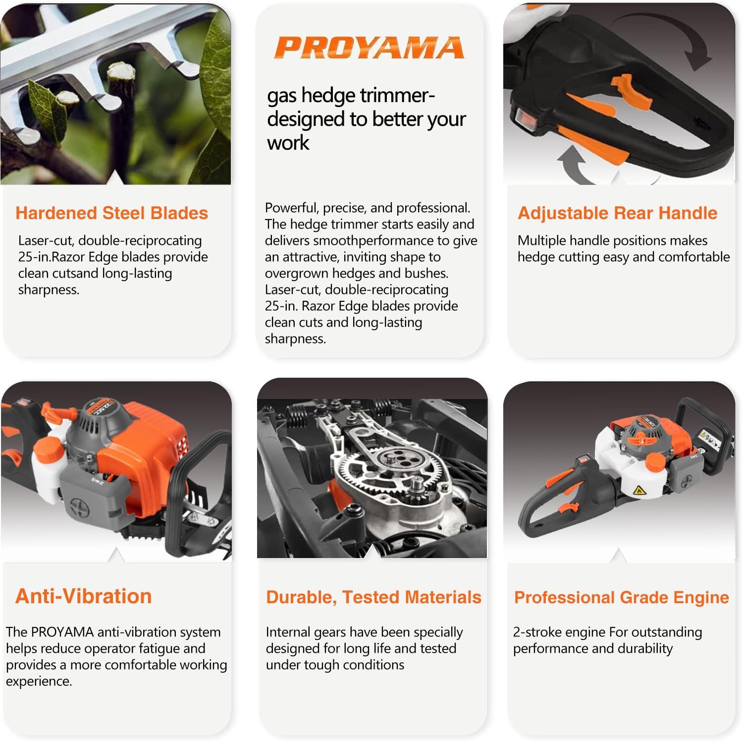 PROYAMA Gas Hedge Trimmer, 25'' Dual Sided Blade, 2 Cycle 750W Gas Powered Handheld Hedge Trimmer with 180° Rotating Handle, cortasetos de gasolina, 1'' Cutting Capacity, Lightweight Design for Garden