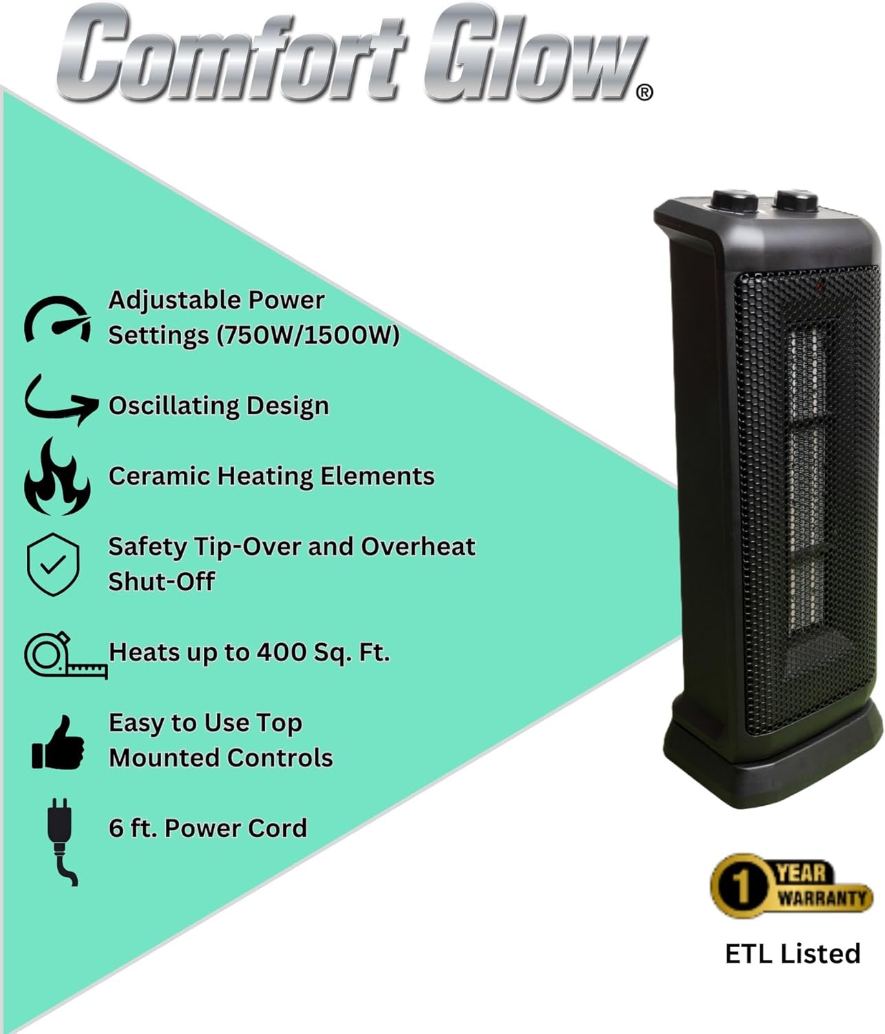 Comfort Glow Oscillating Ceramic Tower Heater, 750W/1500W, Portable with Thermostat, Safety Shut Off, Heats Up To 400 Sq. Ft. - Indoor Oscillating Space Heater for Home, Bedroom, Office