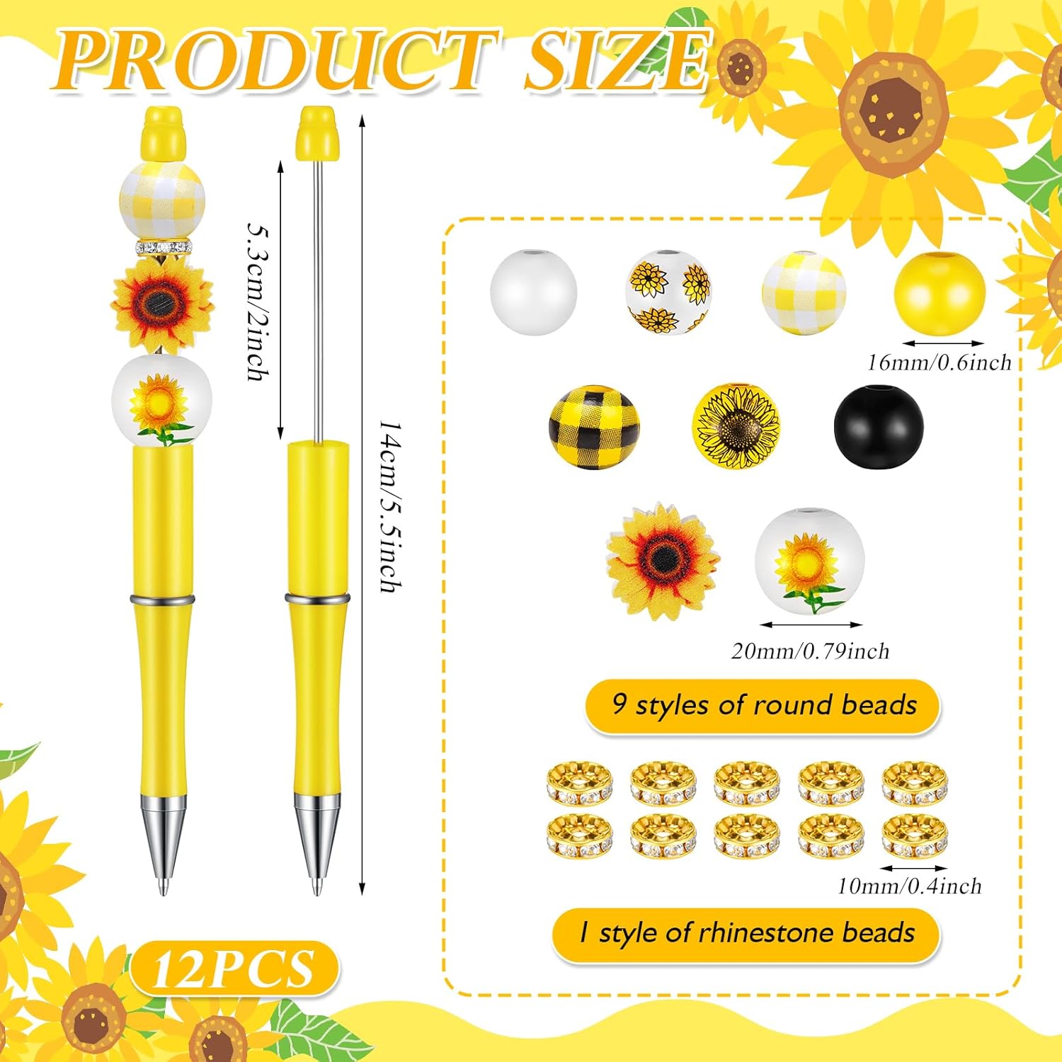 Geyee 12 Set Plastic Beadable Pens Assorted Bead Pens Crystal Wood Round Spacer Set Black Ink DIY Ballpoint for Women Men Gift Office Supplies(Sunflower) - Image 3