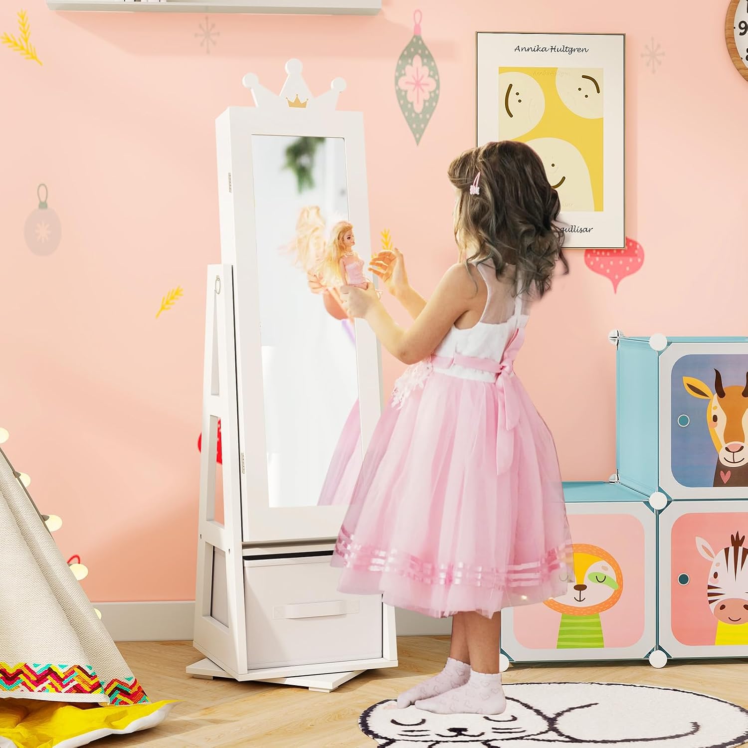 GLACER 360° Swivel Kids Jewelry Armoire with Full-Length Mirror, 47" Standing Child Jewelry Cabinet with Foldable Drawer, Back Storage Shelf, Kids Vanity Dress Mirror Jewelry Cabinet for Girls (White)