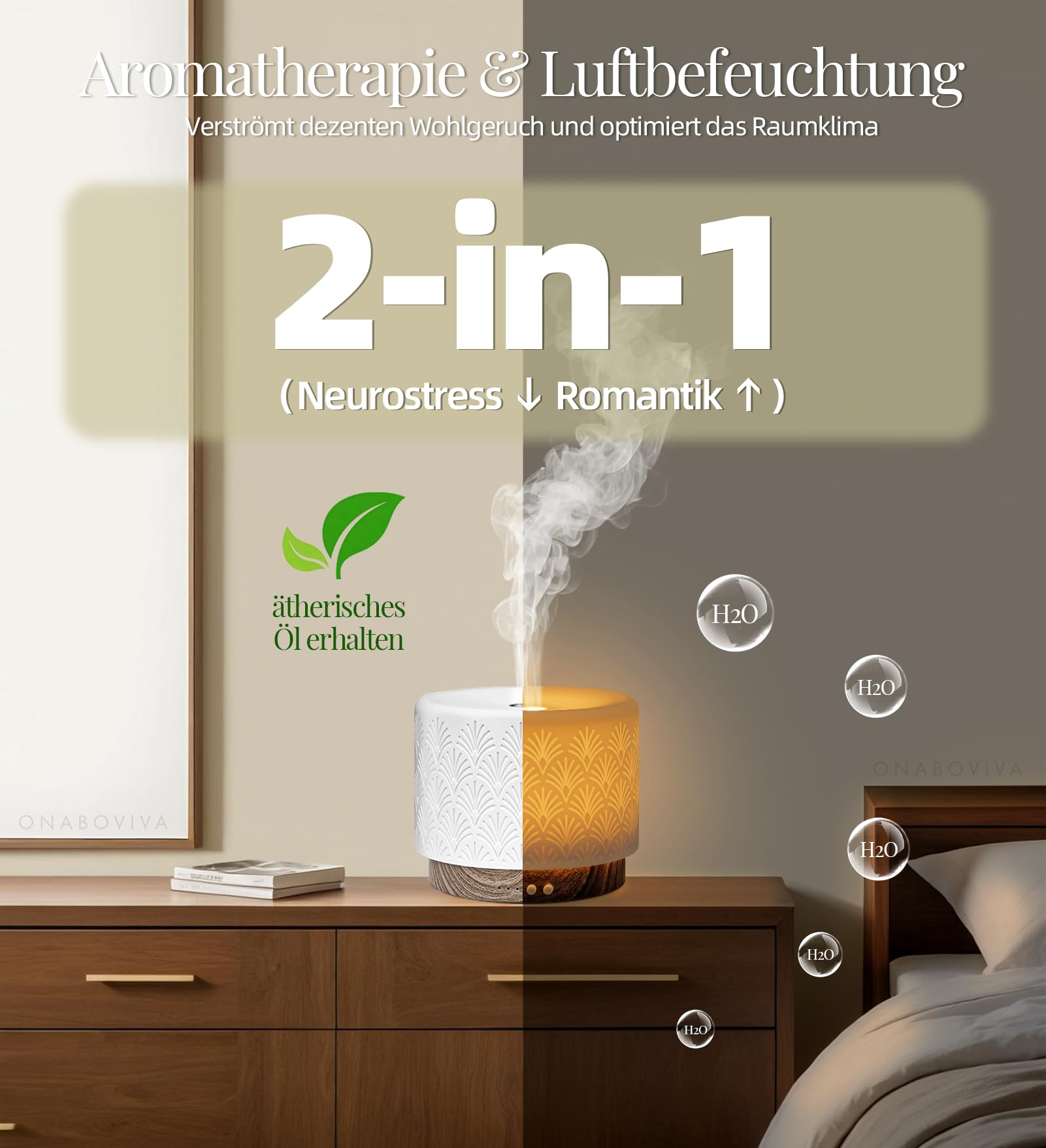 Difusor de aroma – Difusor ultrasónico de aceites esenciales de 280 ml con humidificación del aire y luz nocturna para dormir de cerámica, apagado automático, sin BPA, silencioso, ideal para el hogar