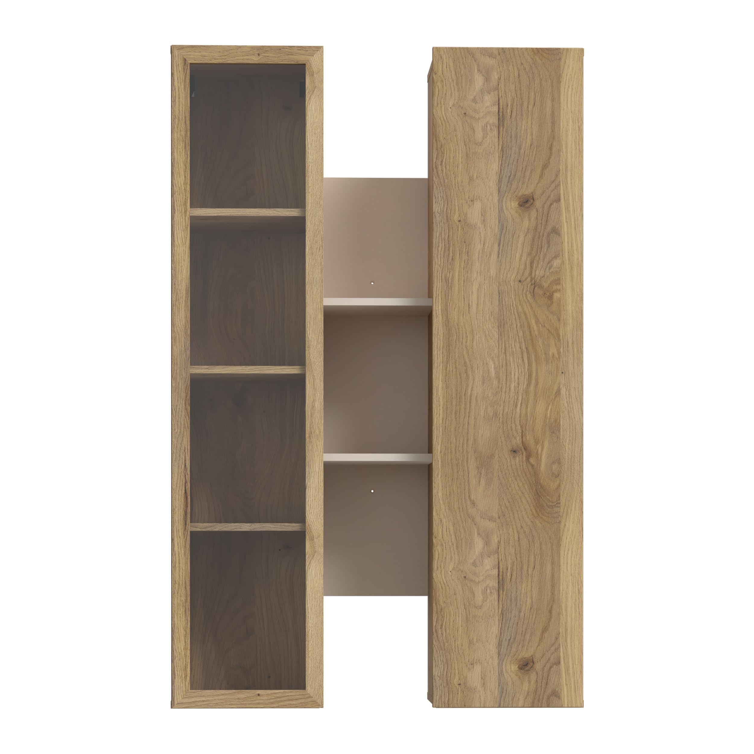 Forte BREATHTAKER Hängevitrine 80 90, moderner Skandi-Stil, 2-türig, beleuchtet, offene Ablage, Wandmontage, Beige/Mauvella Eiche Holzdekor, 84,2 cm breit x 134,6 cm hoch x 33,9 cm tief