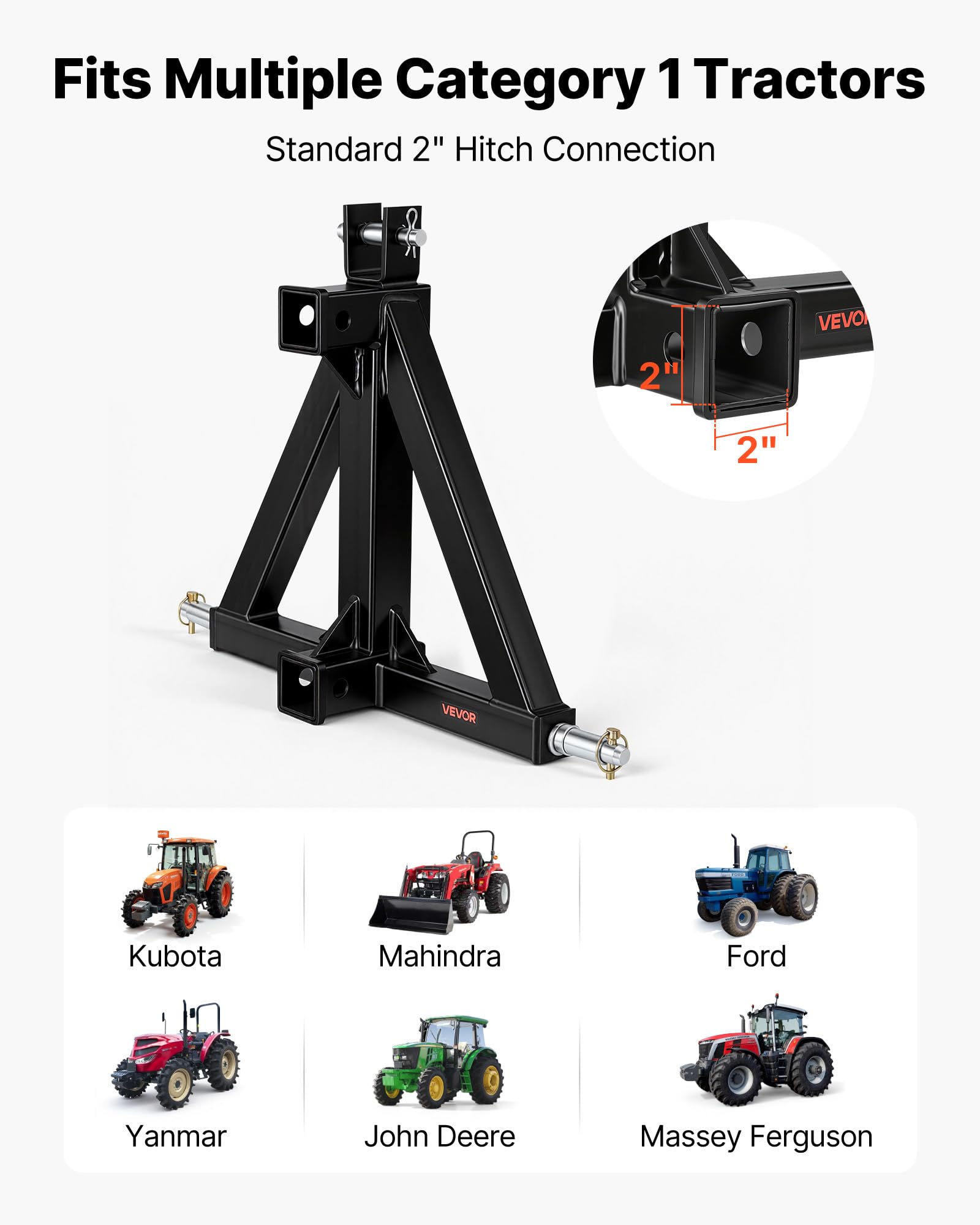 VEVOR Attelage de Remorque 3 Points avec 2 Récepteurs 50,8 mm Triangle d'Attelage, Adaptateur de Remorquage pour Tracteur Catégorie 1, Compatible avec Kubota, John Deere, Ford, Massey Ferguson, Yanmar