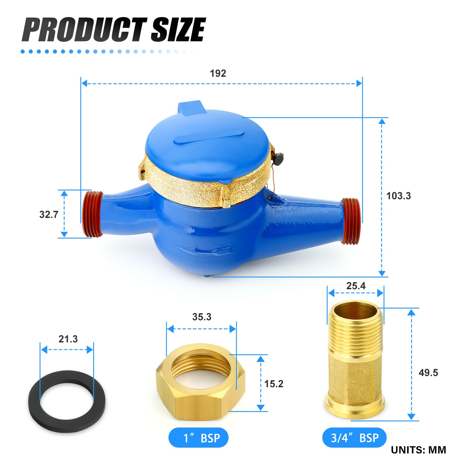 MEANLIN MEASURE 3/4" BSP Couplings Cold Water Meter for Garden or Home 20MM Measuring in Cubic Meter, Blue, 3/4"BSP - Image 2
