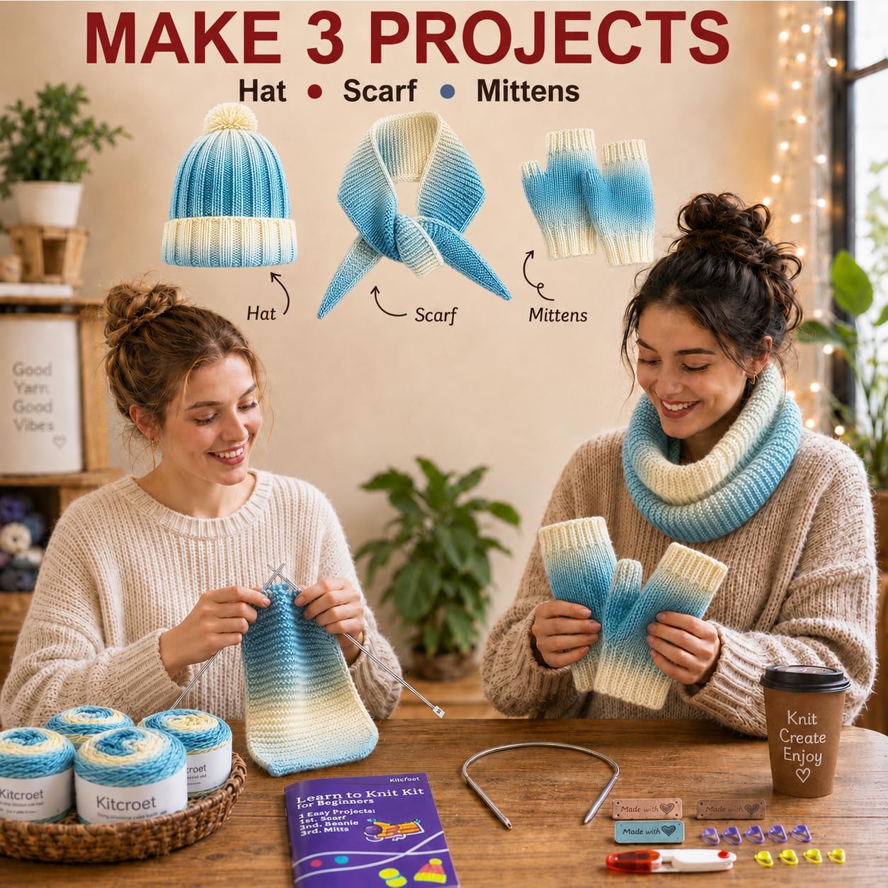 Knitting Kit for Beginners, Complete Starter Kit for Scarf, Hat, Gloves image 3