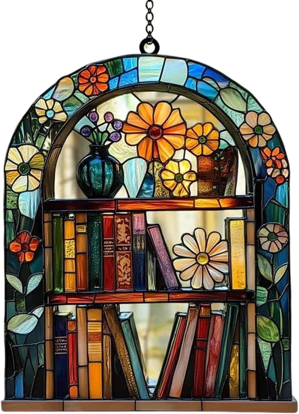 Book-shaped suncatcher with stained glass design hanging by a window