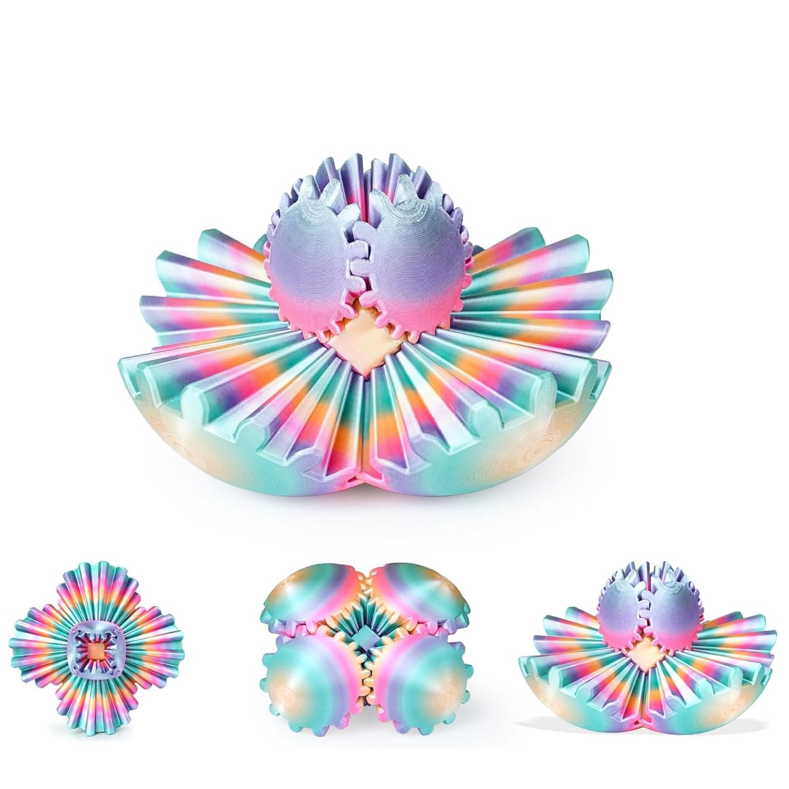 Gear Ball 3D Printed Fidget Toy Spinning Gear Sphere for Stress Relief Anxiety Fun Desk Toy for Adults Kids Stocking Filler Birthday Christmas White Elephant Gifts (Lustrous Rainbow, Diameter: 2.5 In)